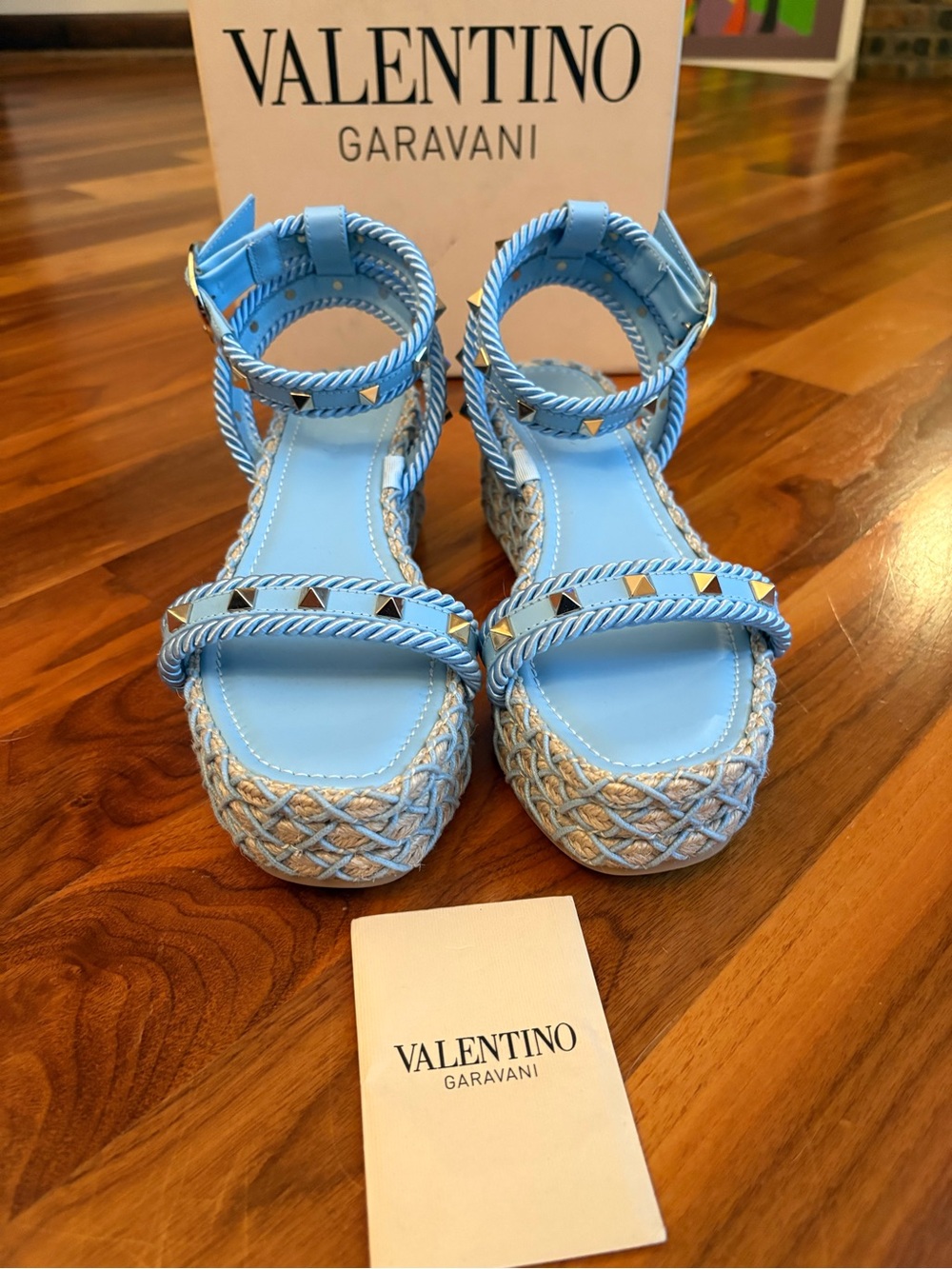 Valentino Garavani Rockstud Torchon Braided Espadrille Sandals, Powder Blue, NEW - Picture 3 of 15